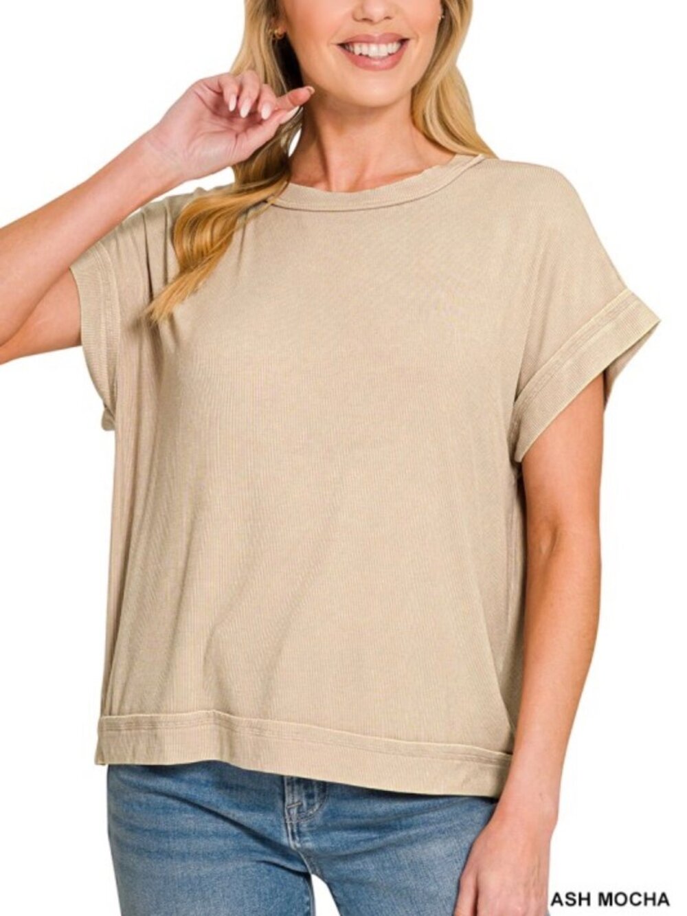 Zenana Ribbed Acid Washed Rayon Top, Ash Mocha